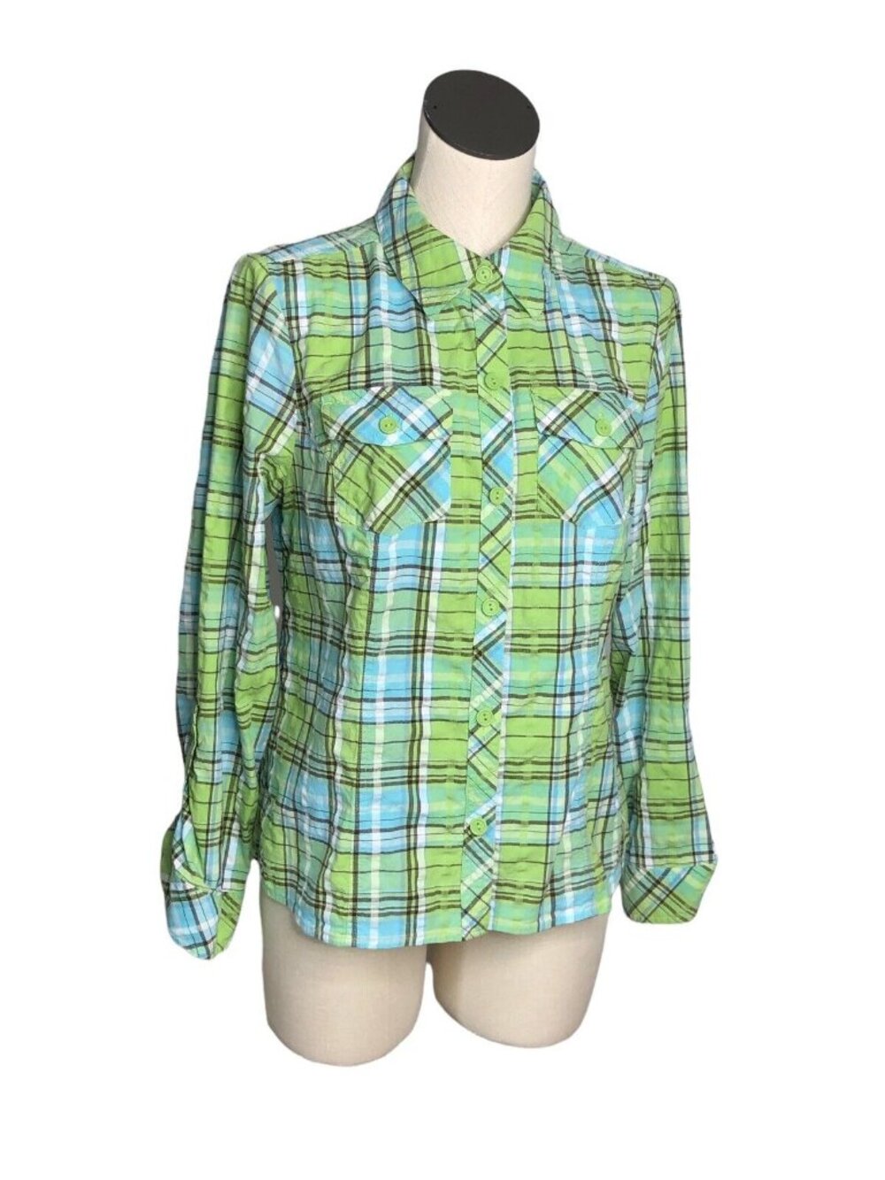 Christopher & Banks Button Down Shirt M Plaid Long Sleeves Green Blue Western - Picture 3 of 8